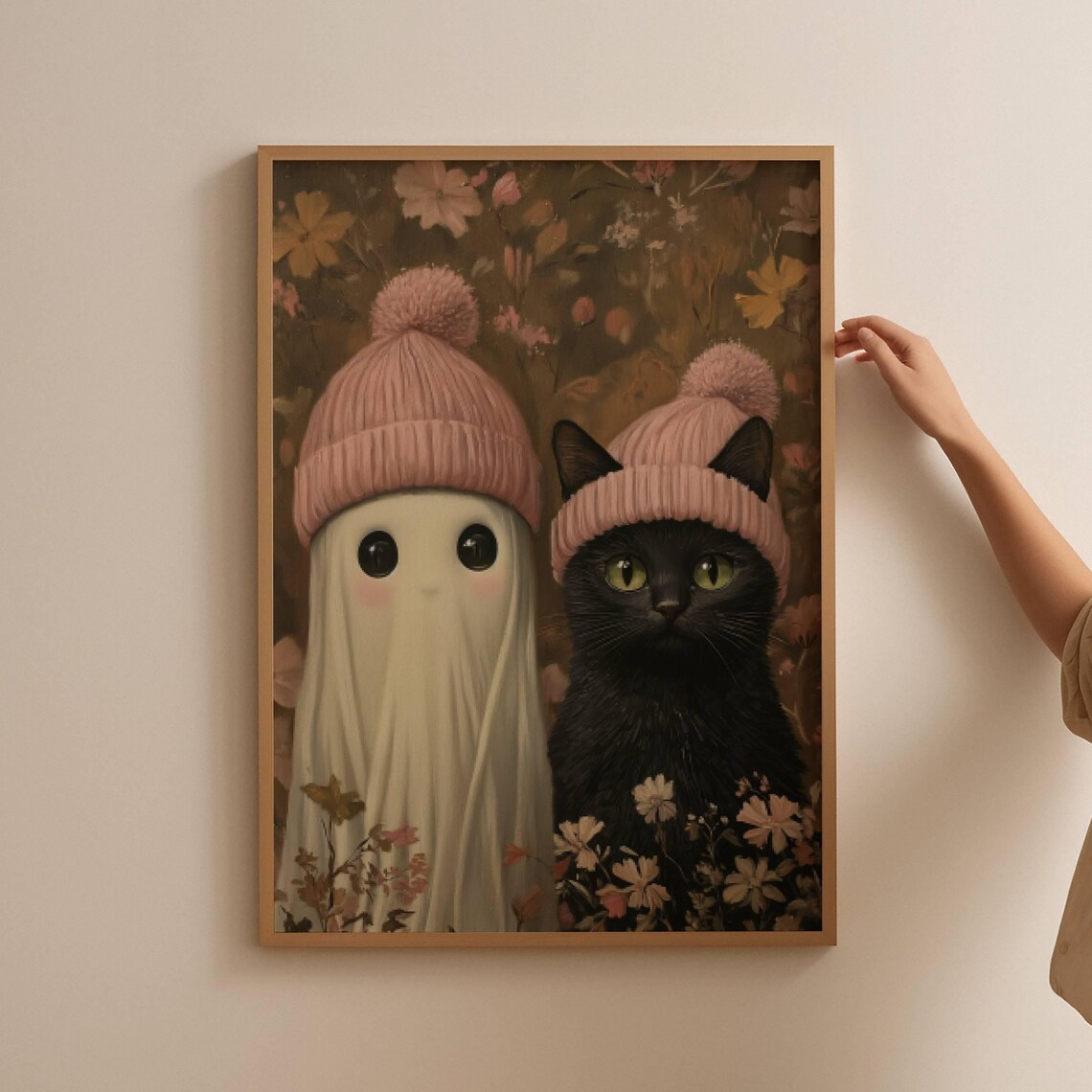 Ghost And Black Cat In Pink Winter Hats Cute Floral Art Poster - Image 3