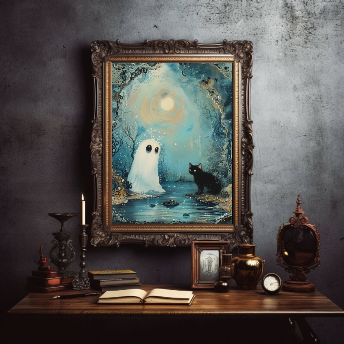 Ghost and Black Cat Halloween Poster, Whimsigoth - Image 6