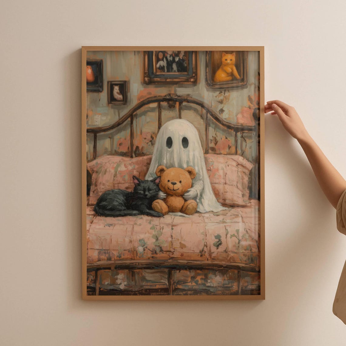 Ghost Cuddling a Teddy Bear on a Bed With a Sleeping Cat Poster - Image 2