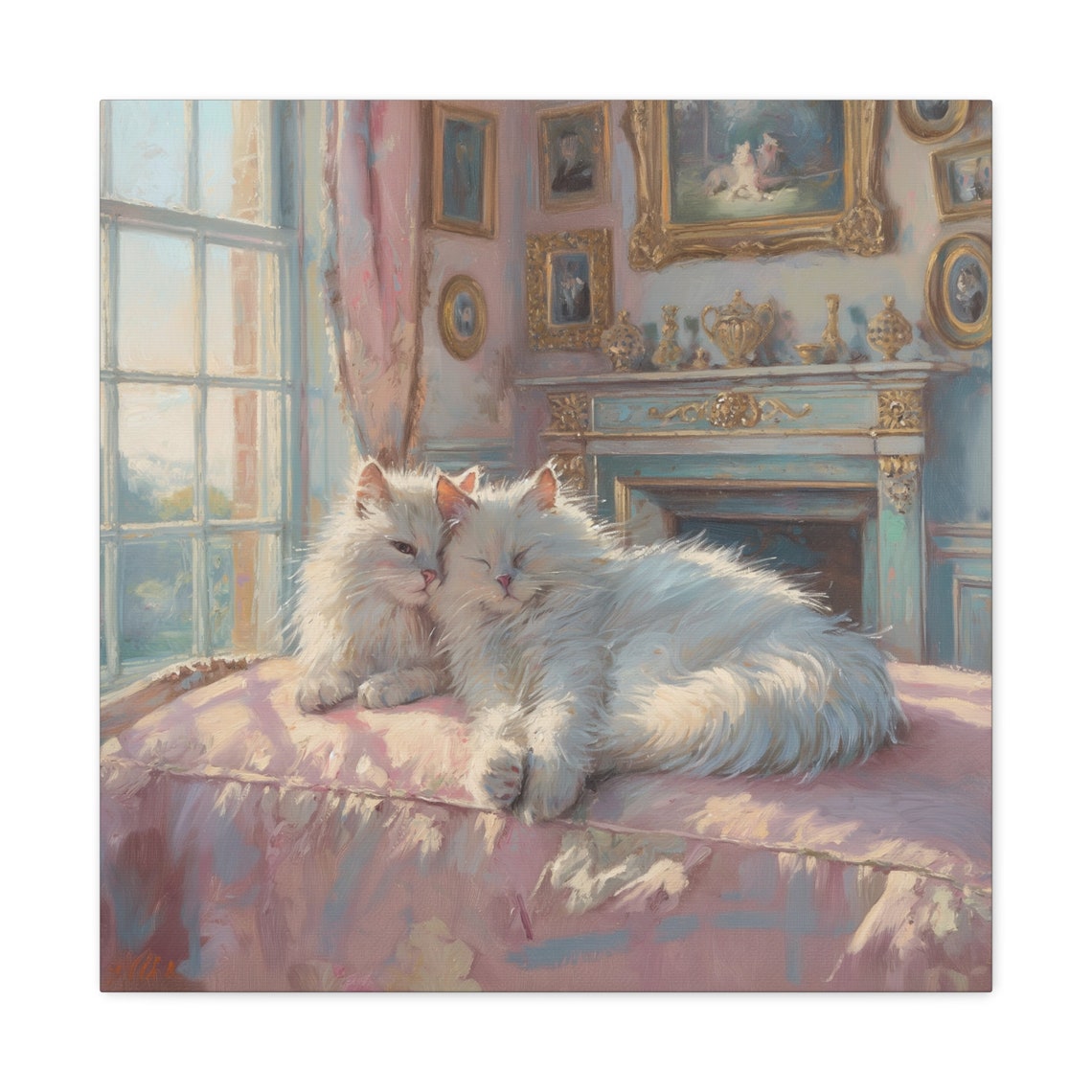 Two Cuddling White Cats on a Pink Cushion by the Fire Poster - Image 2