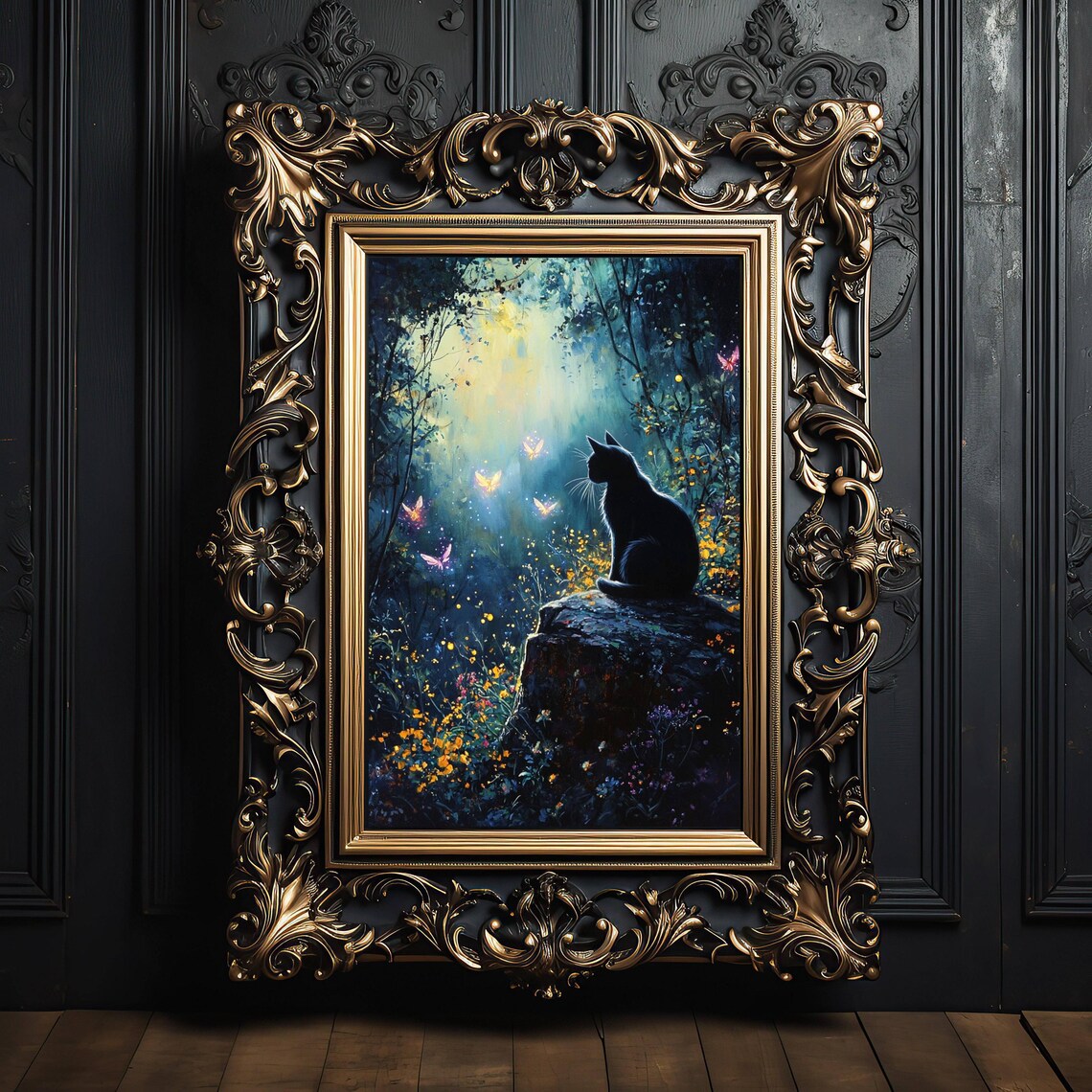 Mysterious Black Cat on a Mossy Rock in a Moonlit Enchanted Blue Forest Poster - Image 6