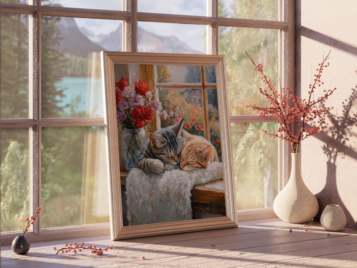 Tabby Cats In Window Floral Cat Art Print - Image 3
