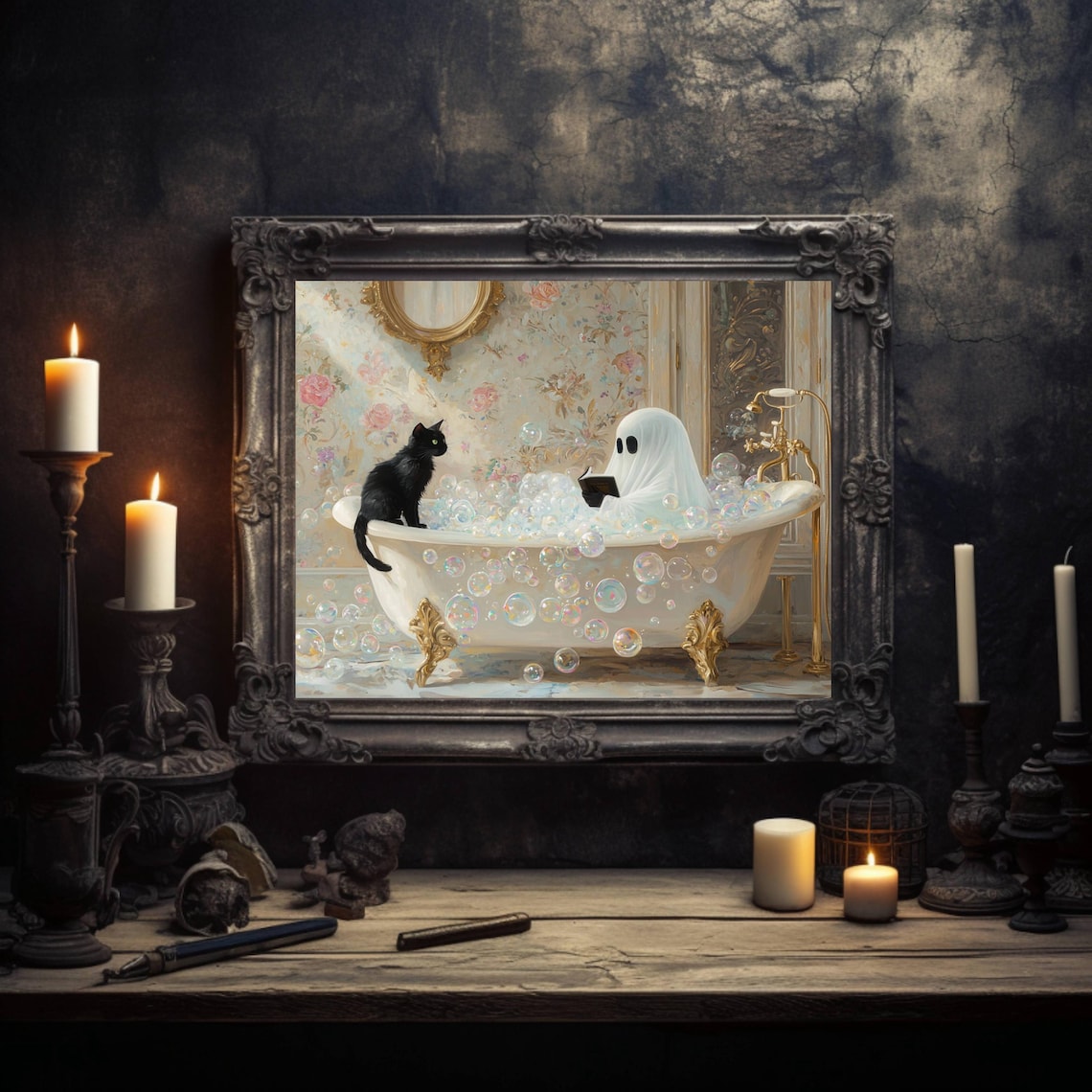 Ghost Reading in Bathtub, Whimsigoth Halloween Poster - Image 2