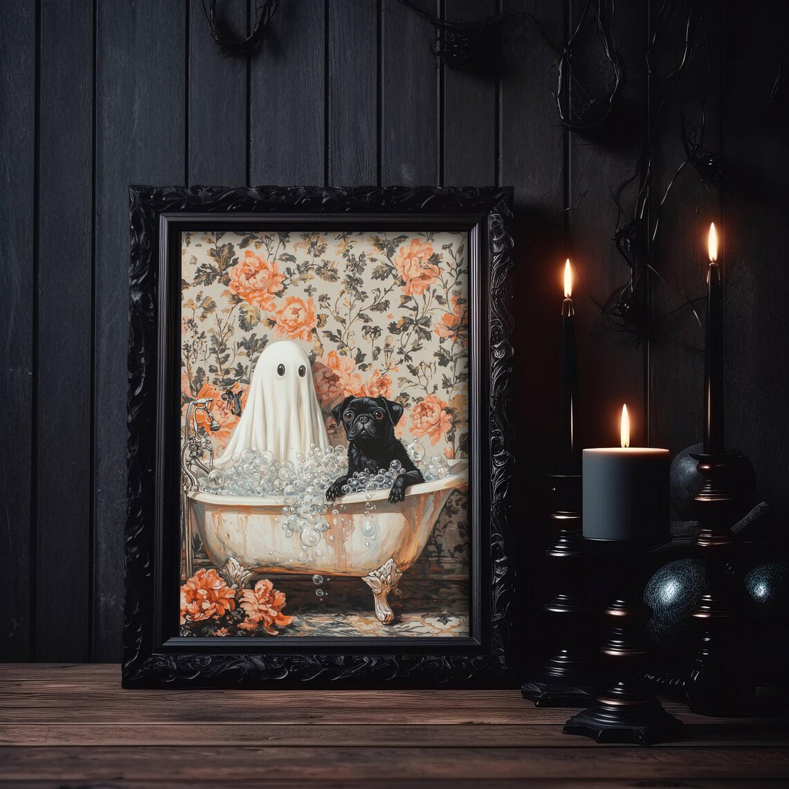Ghost And Black Pug In Bathtub Wall Art Print - Image 5