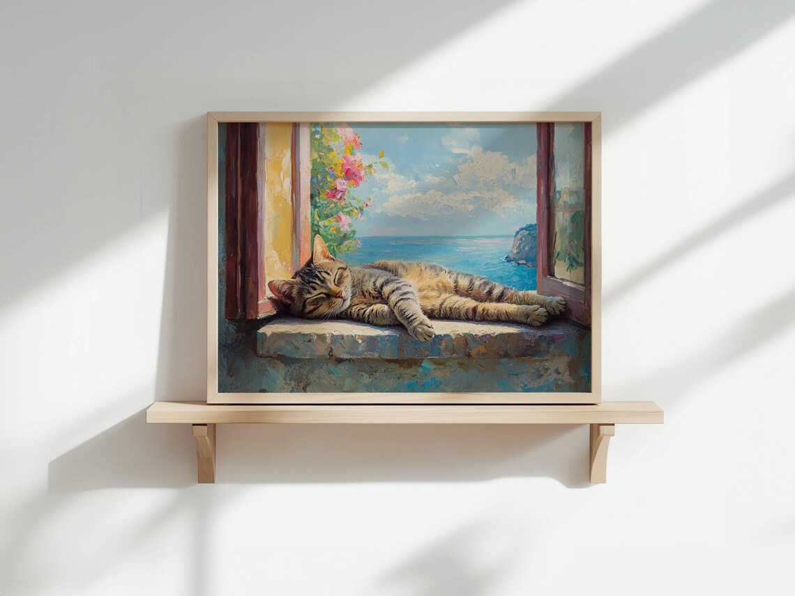 Tabby Cat on Villa Windowsill, Italian Art Print - Image 2
