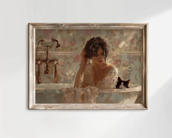 Elegant Woman Soaking in a Vintage Clawfoot Bathtub With a Tuxedo Cat Poster