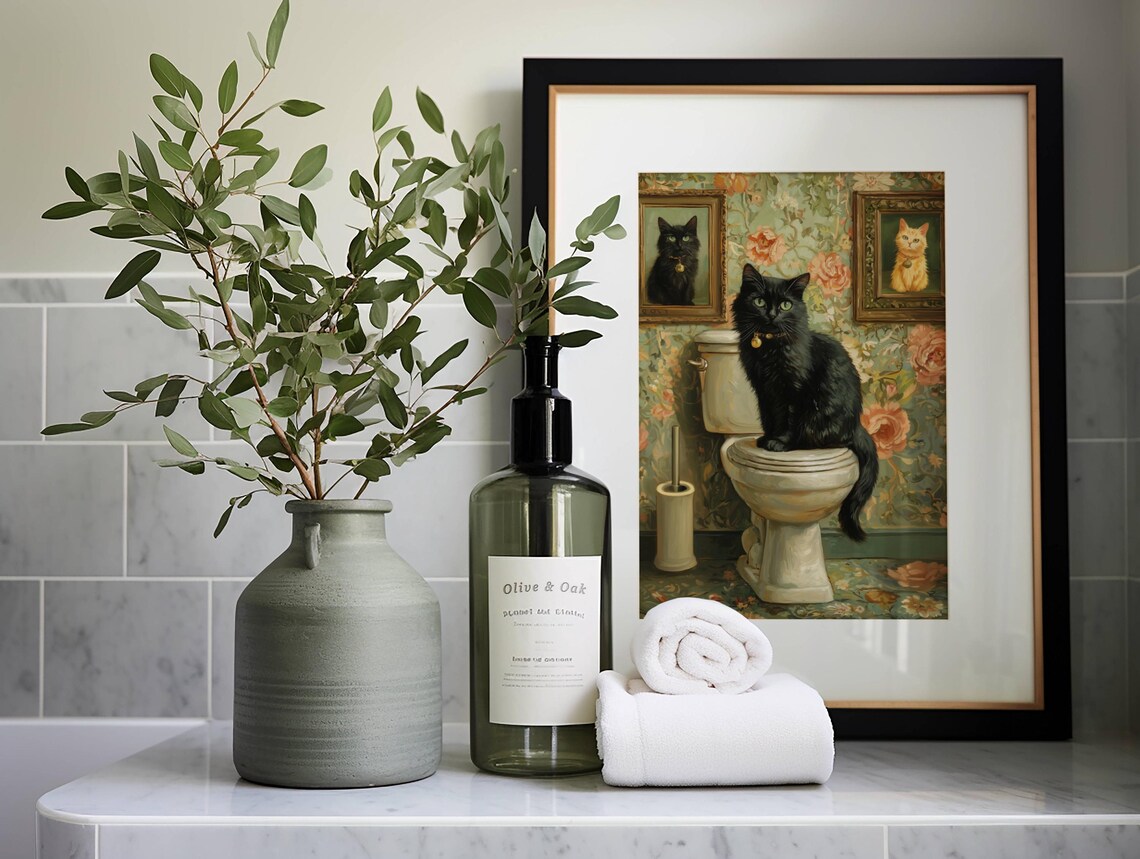 Black Cat Sitting on a Toilet in a Vintage Floral Bathroom Poster - Image 5