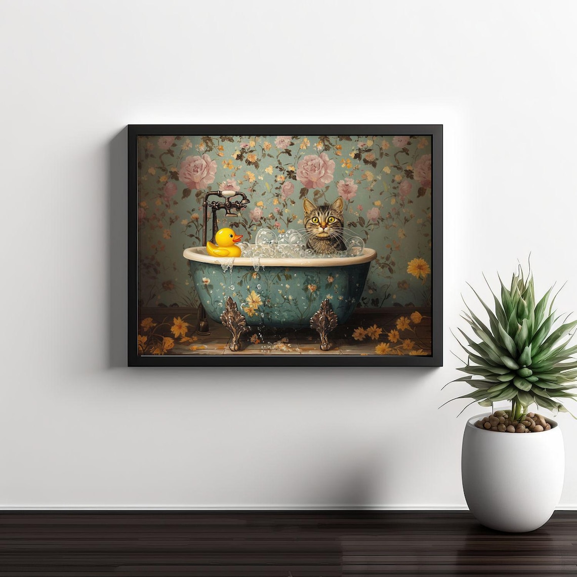 Gray Tabby Cat With Rubber Duck, Bathroom Art Print - Image 3