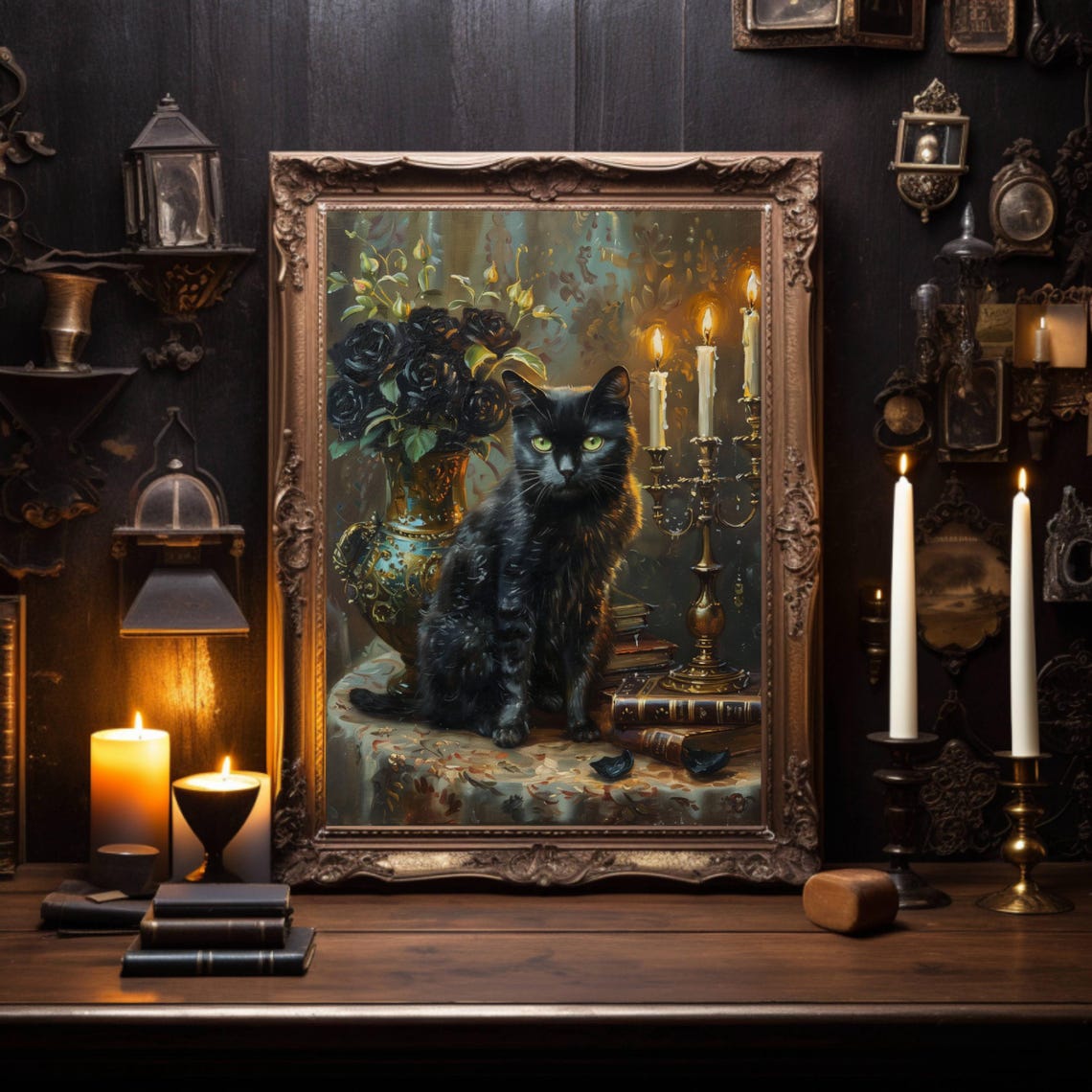 Black Cat With Black Roses Candles And Old Books Gothic Poster - Image 4