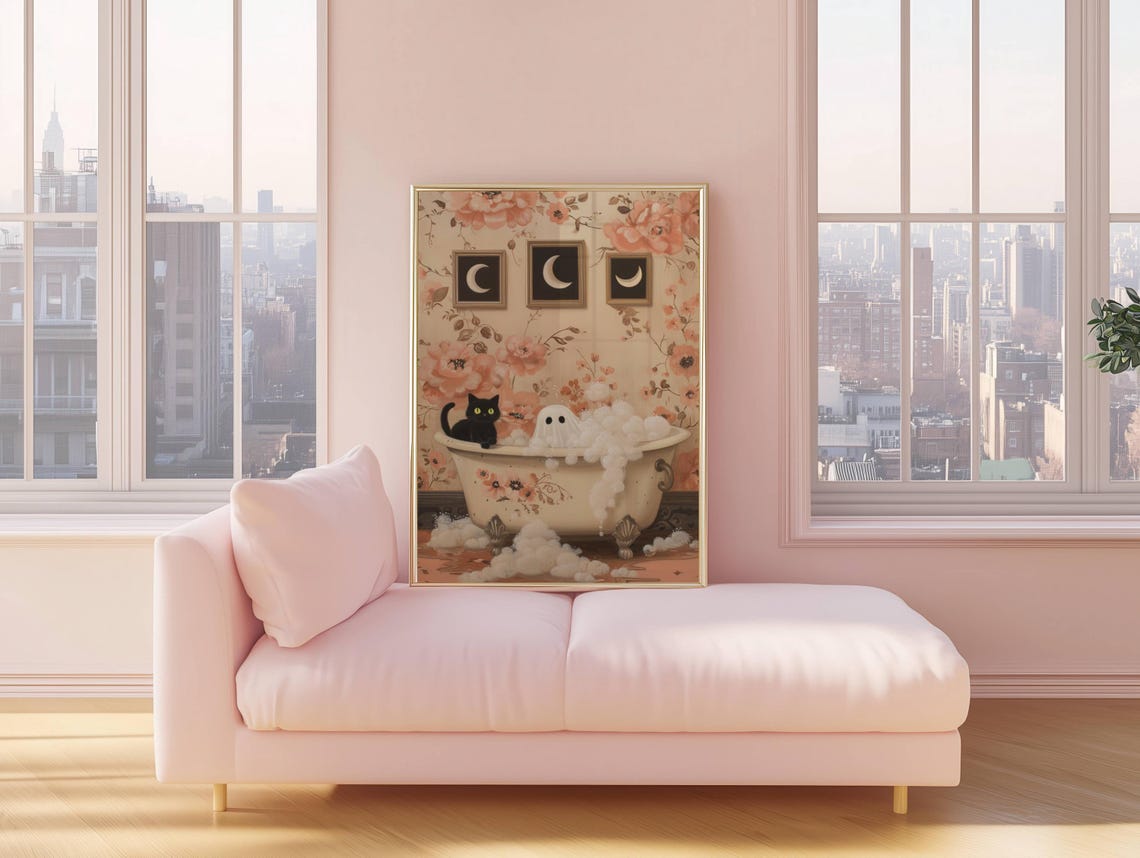 Cute Ghost and Black Cat Sharing a Floral Bubble Bath Halloween Poster - Image 4