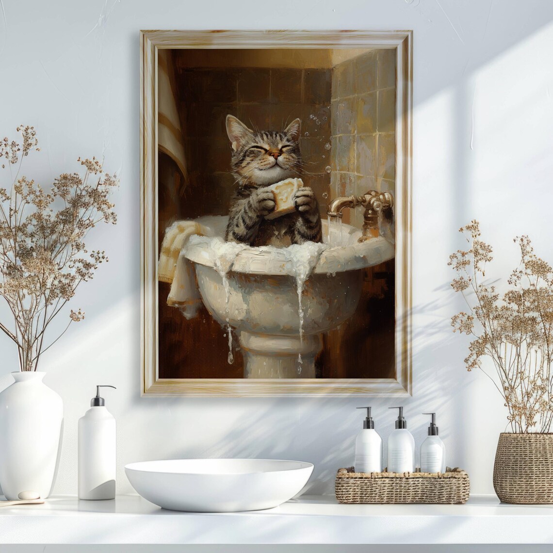 Tabby Cat Taking Bath In Sink Cute Bathroom Art Print - Image 2