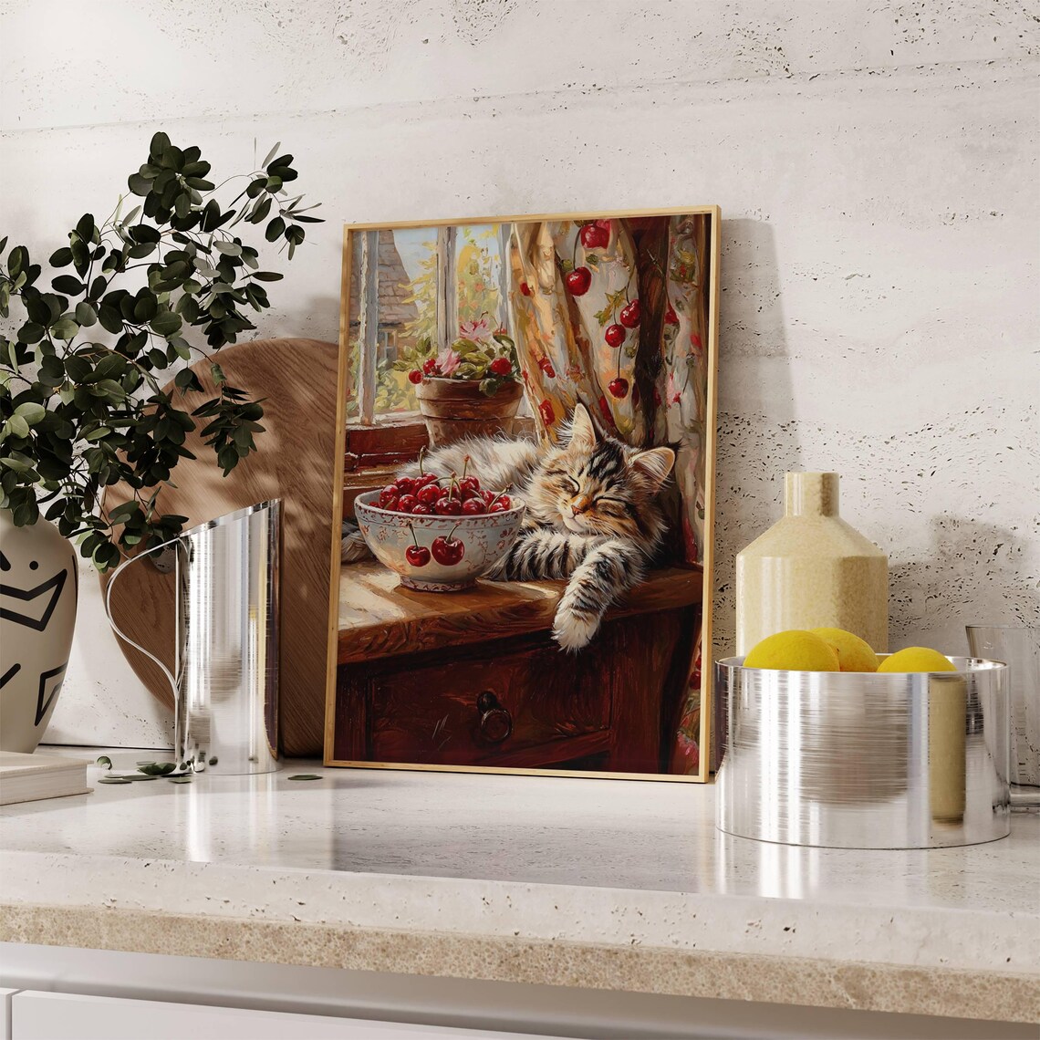 Tabby Cat Farmhouse Kitchen Art Print with Cherries - Image 3