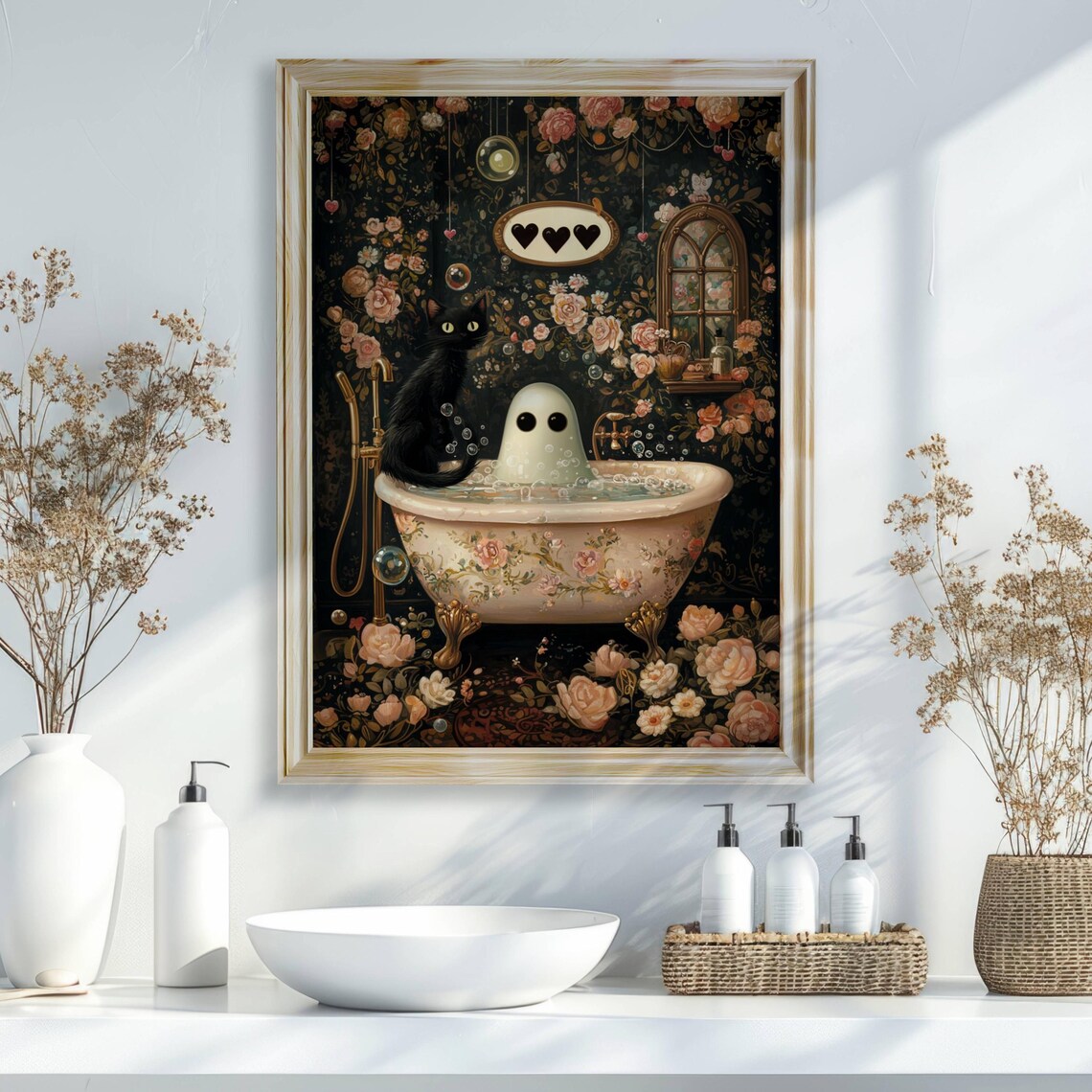 Cute Ghost and Black Cat Soaking in a Rose-Patterned Bubble Bath Poster - Image 4