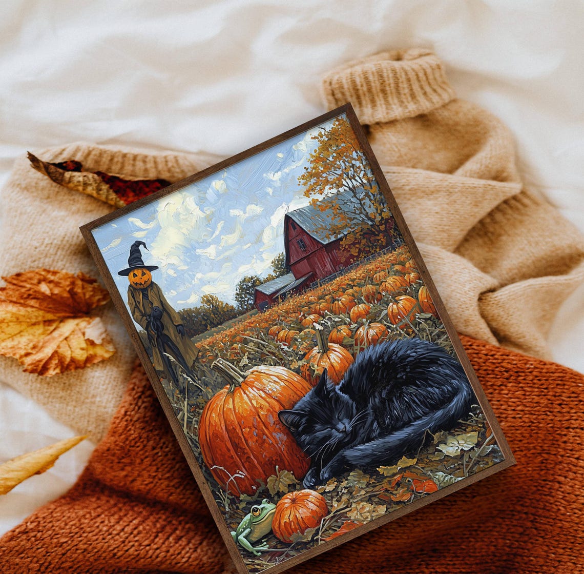 Black Cat Sleeping Among Pumpkins by a Red Barn Halloween Poster - Image 7