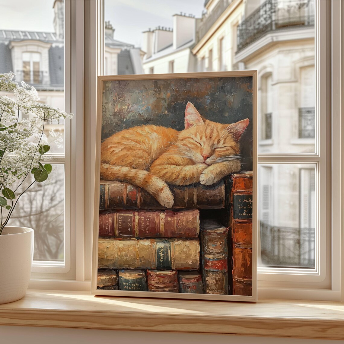 Ginger Cat Sleeping On Books, Light Academia Art Print - Image 3