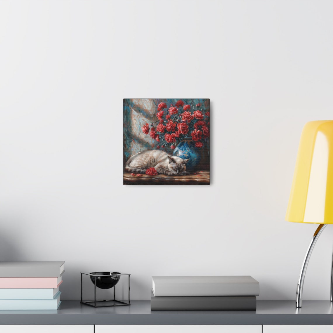 Siamese Cat Sleeping Beside a Vase of Red Carnation Blooms Poster - Image 5