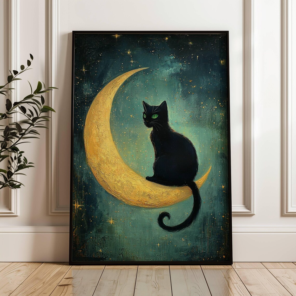 Black Cat On Crescent Moon, Whimsigoth Art Print - Image 2
