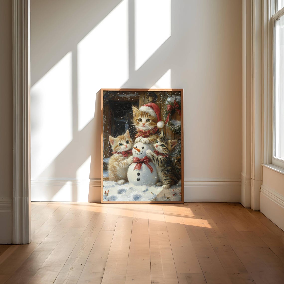 Three Kittens Building A Snowman Christmas Watercolor Poster - Image 2