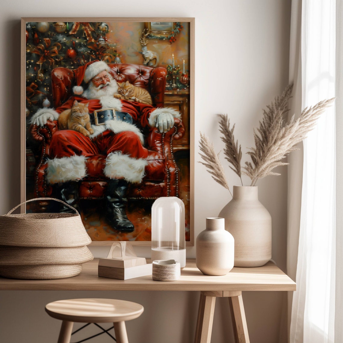 Santa Claus Sleeping in Armchair With Two Ginger Cats Christmas Poster - Image 3