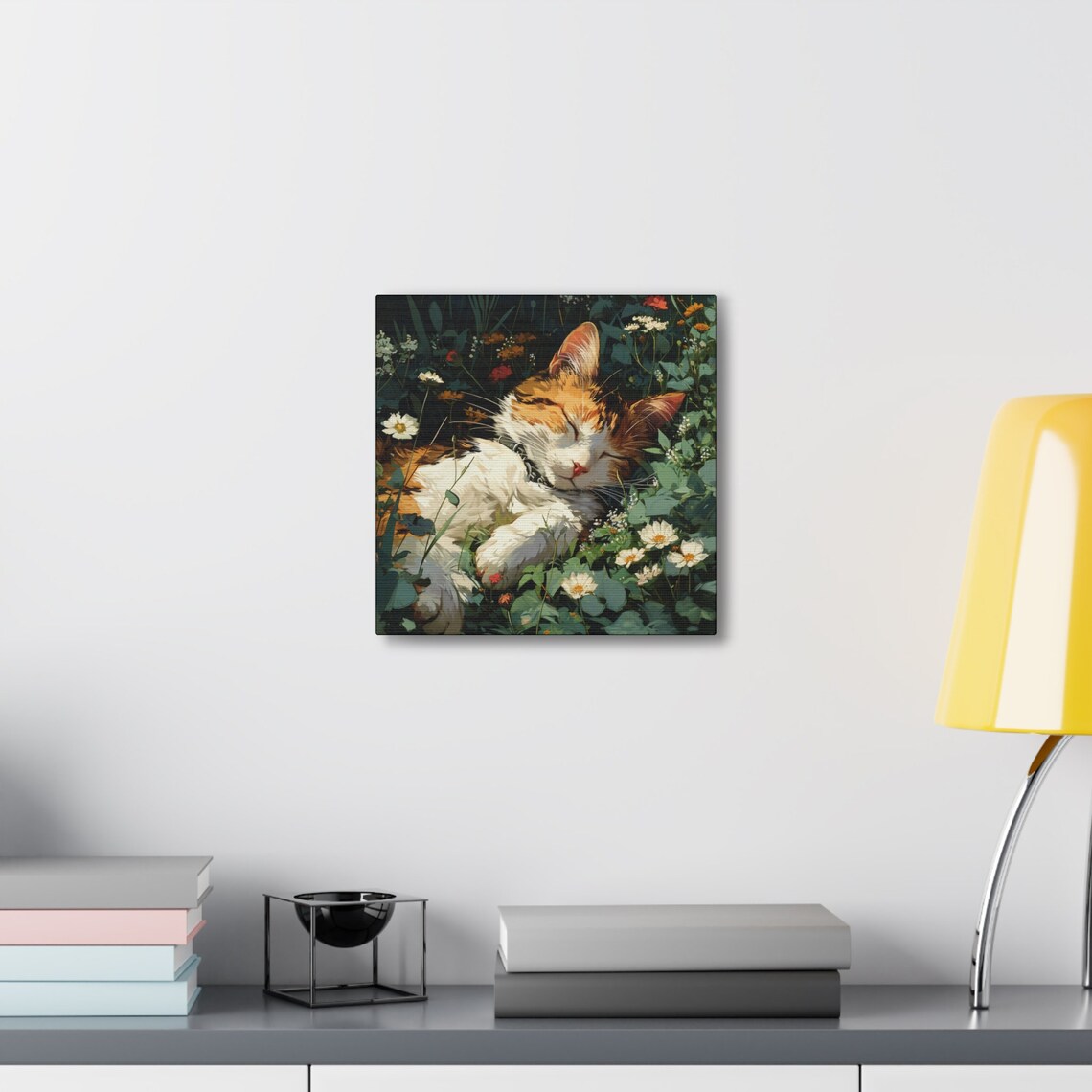 Calico Cat Sleeping in a Sunny Wildflower Garden Scene Poster - Image 4