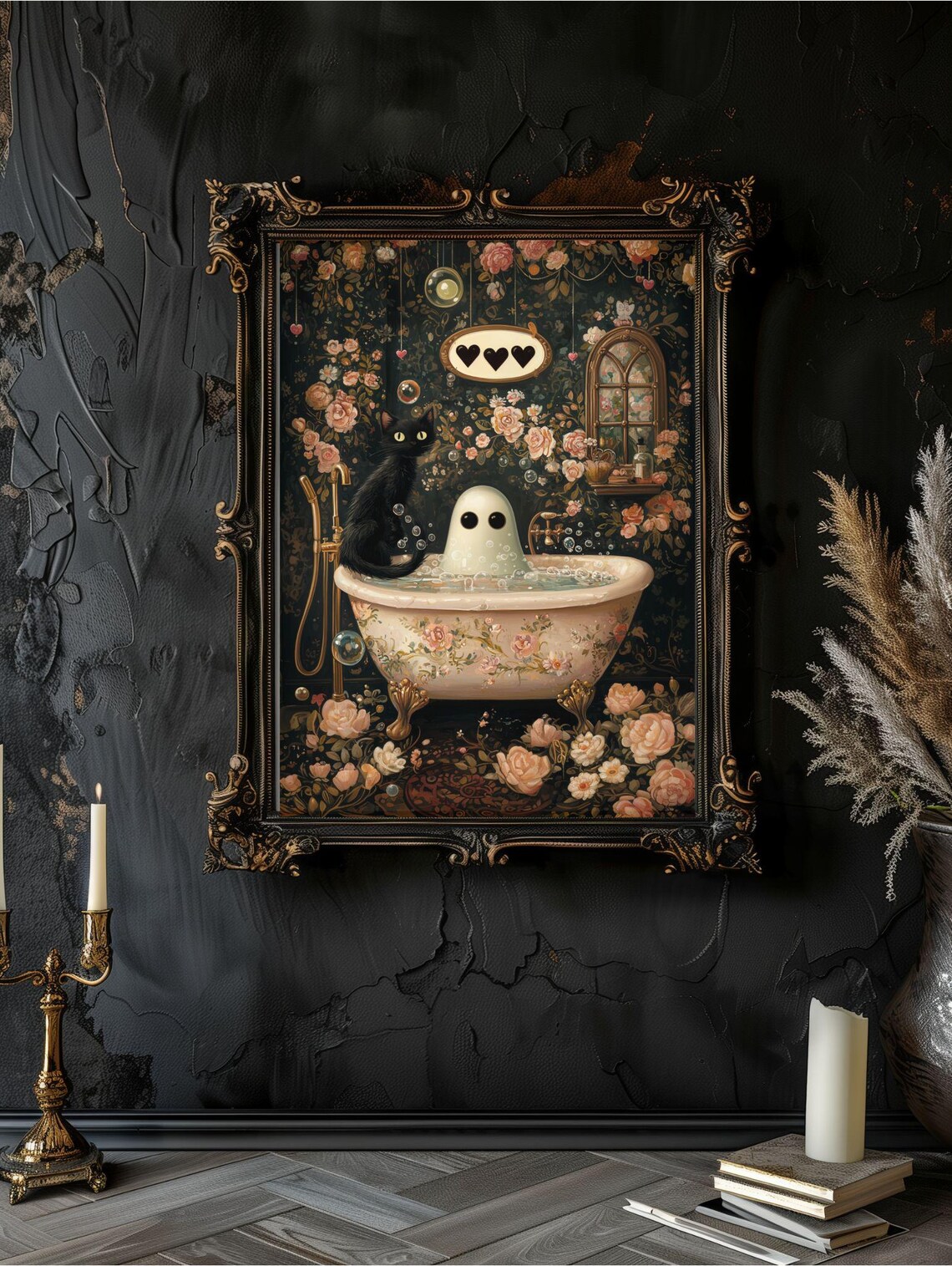 Cute Ghost and Black Cat Soaking in a Rose-Patterned Bubble Bath Poster - Image 6
