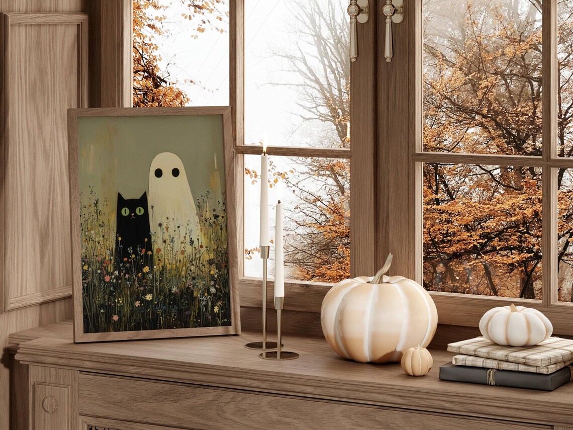 Black Cat and Ghost in Wildflowers, Whimsigoth Poster - Image 2