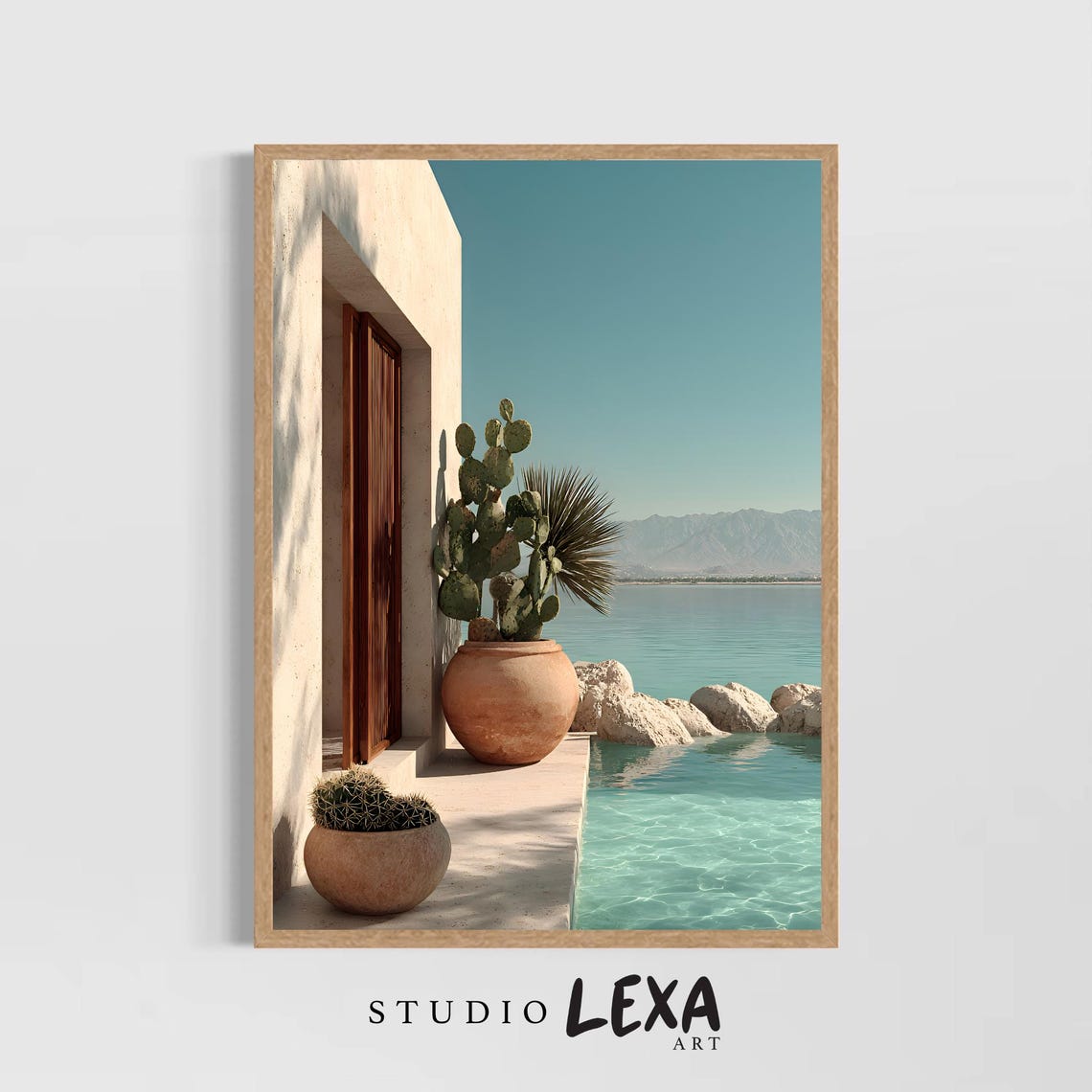 Coastal Terrace With Cacti And Pool Serene Mediterranean Art Poster