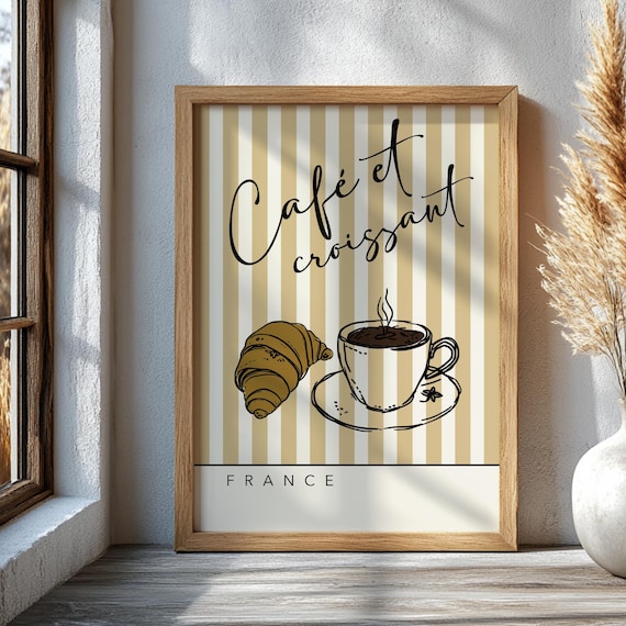 Caf Et Croissant Wall Print Striped French Poster Parisian Kitchen Decor Vintage Breakfast Art Retro Bistro