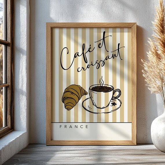 Café Et Croissant France Striped French Breakfast Art Poster