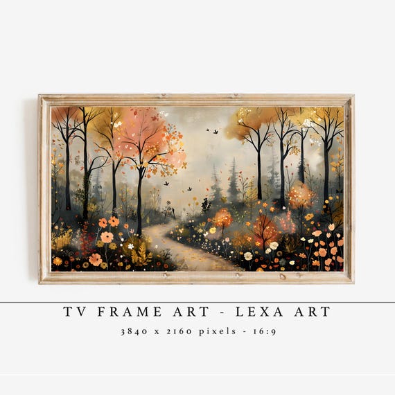 Autumn Forest Path Frame Tv Art Fall Landscape Painting Cozy Nature Scene Rustic Decor Warm Seasonal Wall