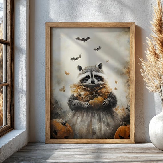 Halloween Raccoon Princess Printed Wall Art Cute Animal In Costume Poster Whimsical Autumn Decor Pumpkin Nursery Print Spooky Fall