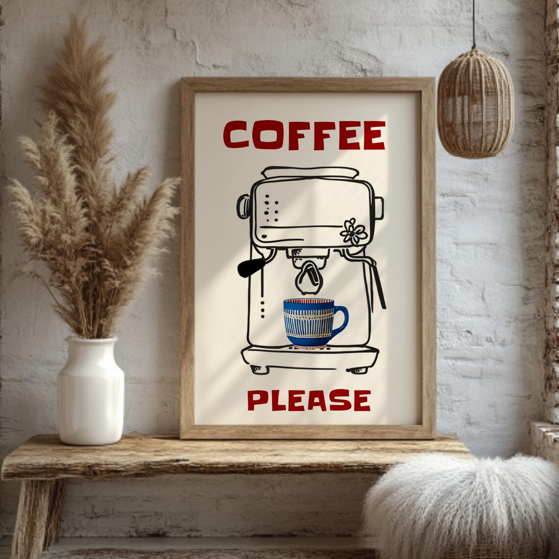 Coffee Please Espresso Machine Retro Kitchen Sketch Cute Barista Wall Art