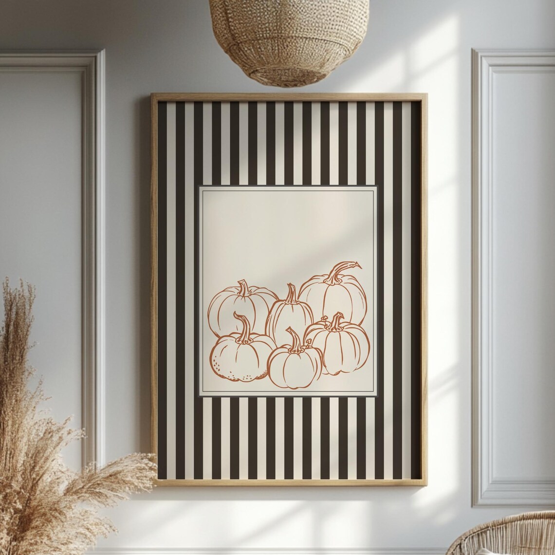 Minimal Pumpkin Wall Art Black And White Stripe Fall Rustic Halloween Decor Neutral Autumn Harvest Handdrawn Farmhouse Poster