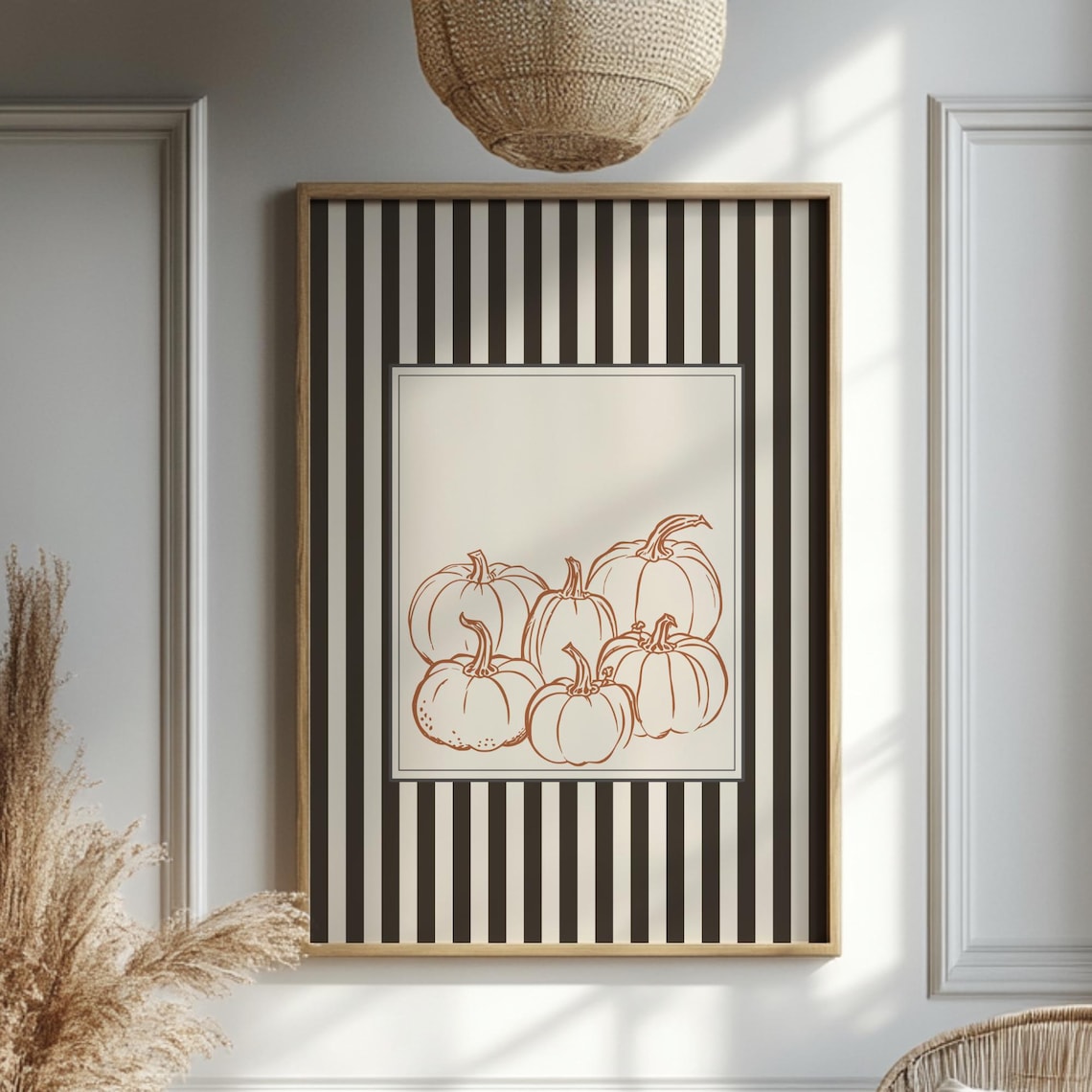 Minimalist Pumpkin Line Drawings Black White Stripes Art Poster