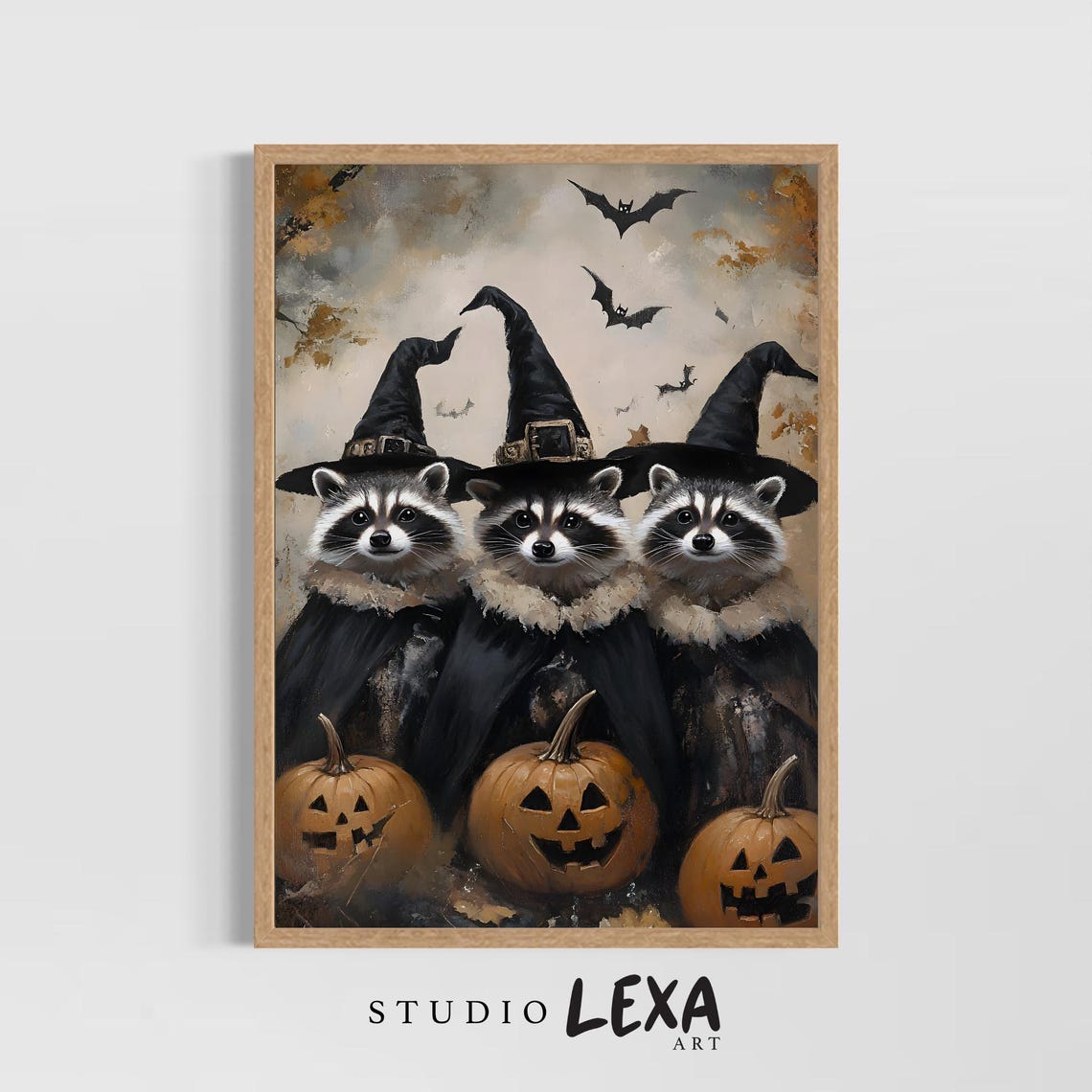 Three Witch Raccoons with Jack O Lanterns Bats Halloween Poster
