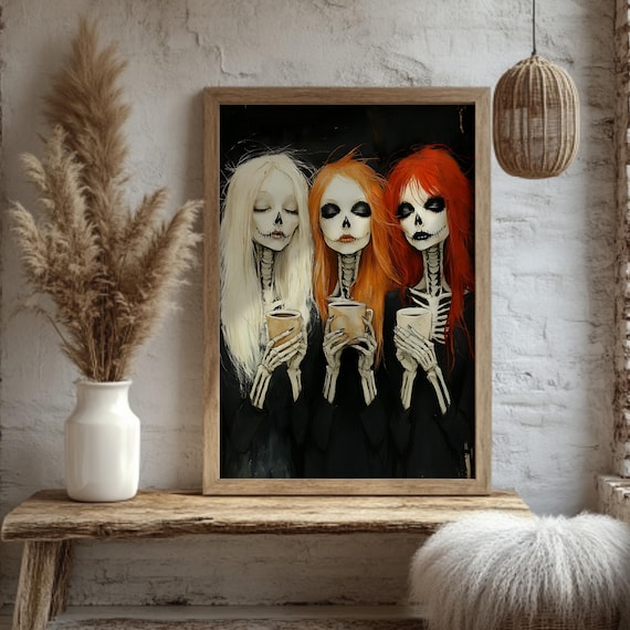 Dia De Los Muertos Wall Art Print Halloween Skeleton Poster Spooky Gothic Coffee Lovers Witchy Fall Decor Dark Academia Artwork