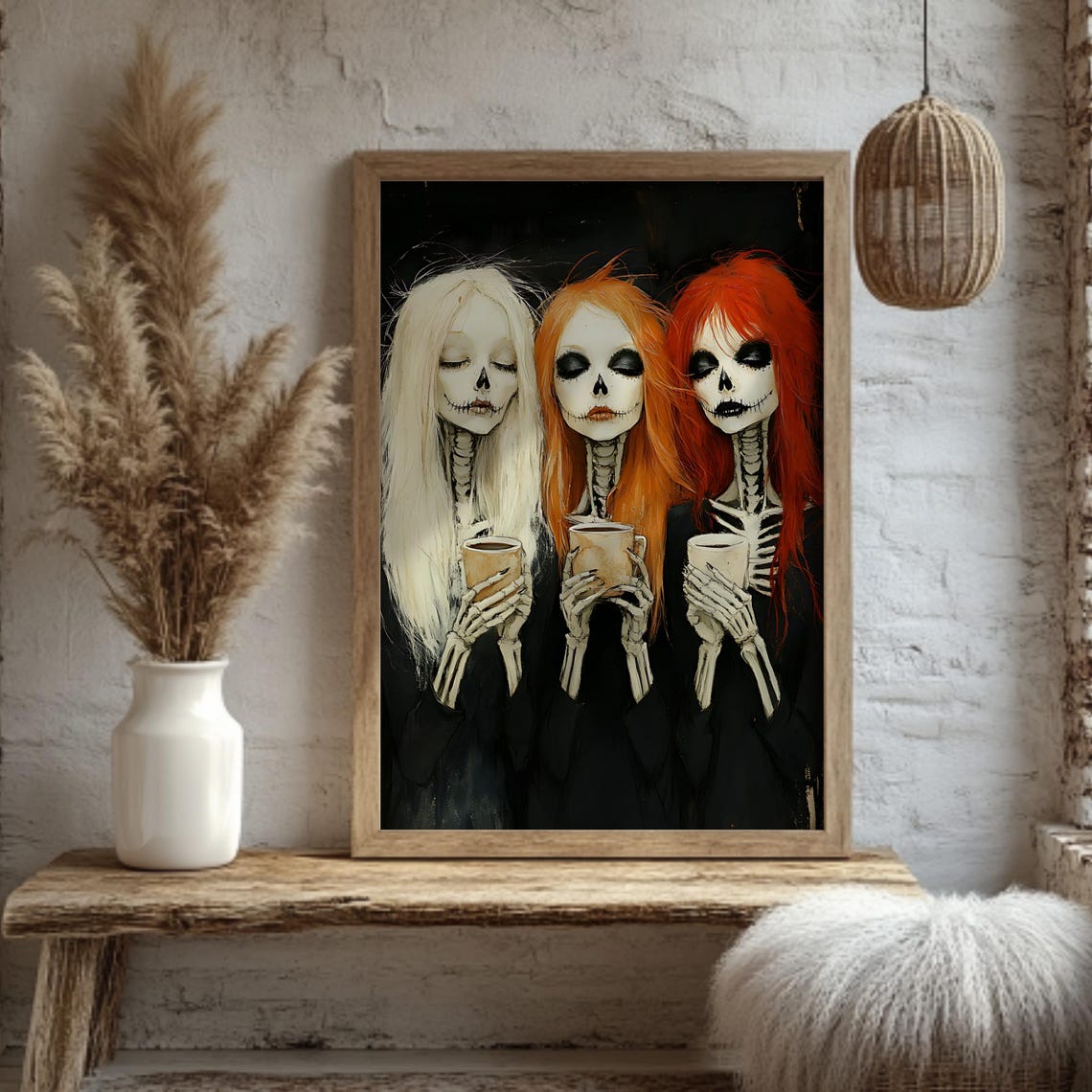 Skeleton Girls Coffee Poster Spooky Cute Gothic Halloween Friends