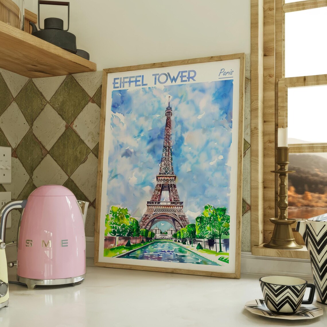 Eiffel Tower Paris Bright Blue Watercolor Landmark Travel Poster