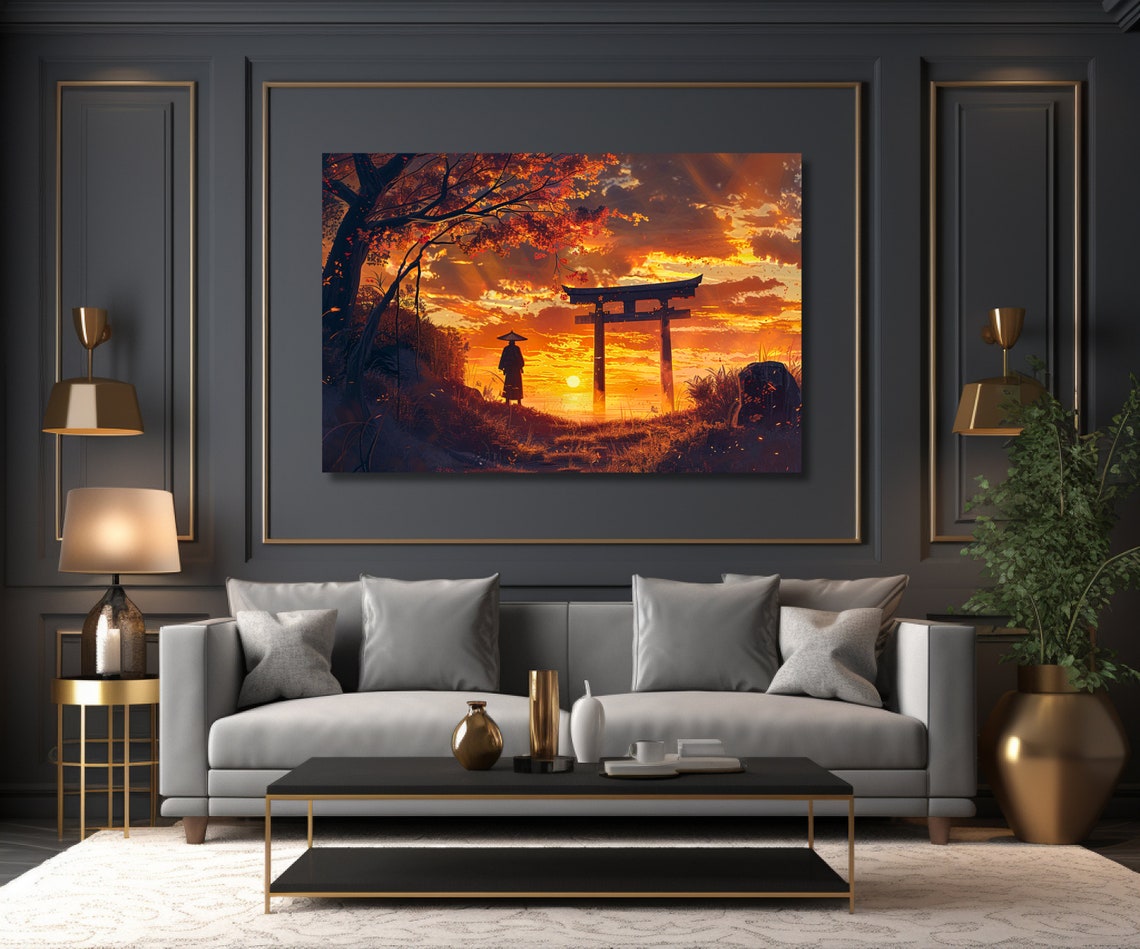 Samurai By A Torii Gate At Sunset Japanese Landscape Art Poster - Image 2
