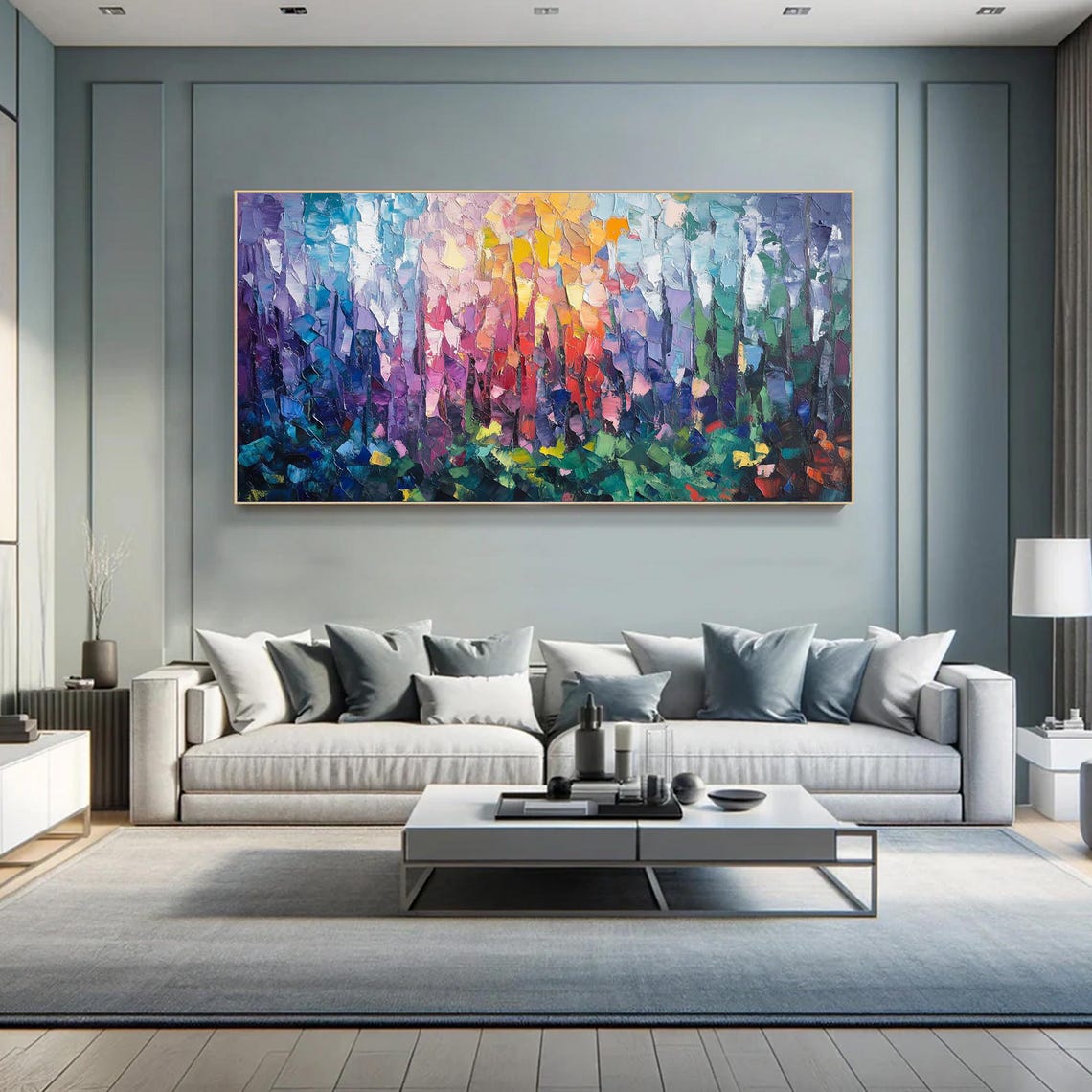 Multicolor Abstract Forest of Rainbow Trees Impasto Landscape Wall Art - Image 2