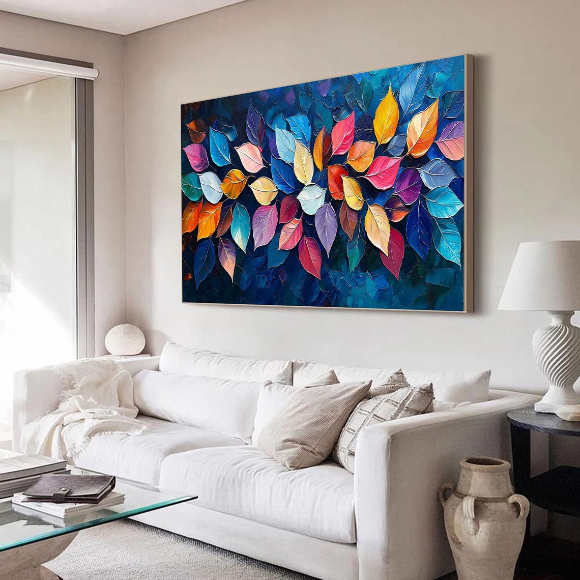 Rainbow Leaves Field Glowing on Navy Blue Abstract Botanical Wall Art - Image 3