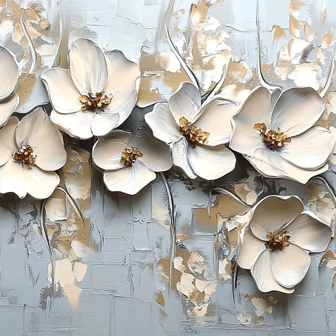 White 3D Flower Garland Draped on Pale Blue Grey Floral Wall Art - Image 3