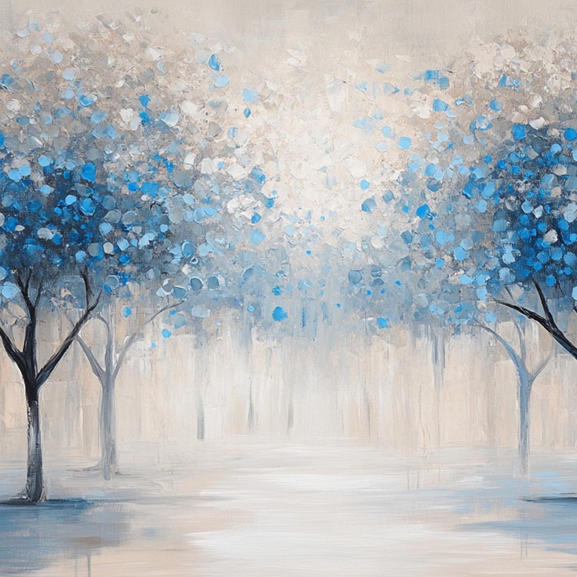 Blue Flowering Trees Along A Misty Path In Soft Blue Tones Poster - Image 5