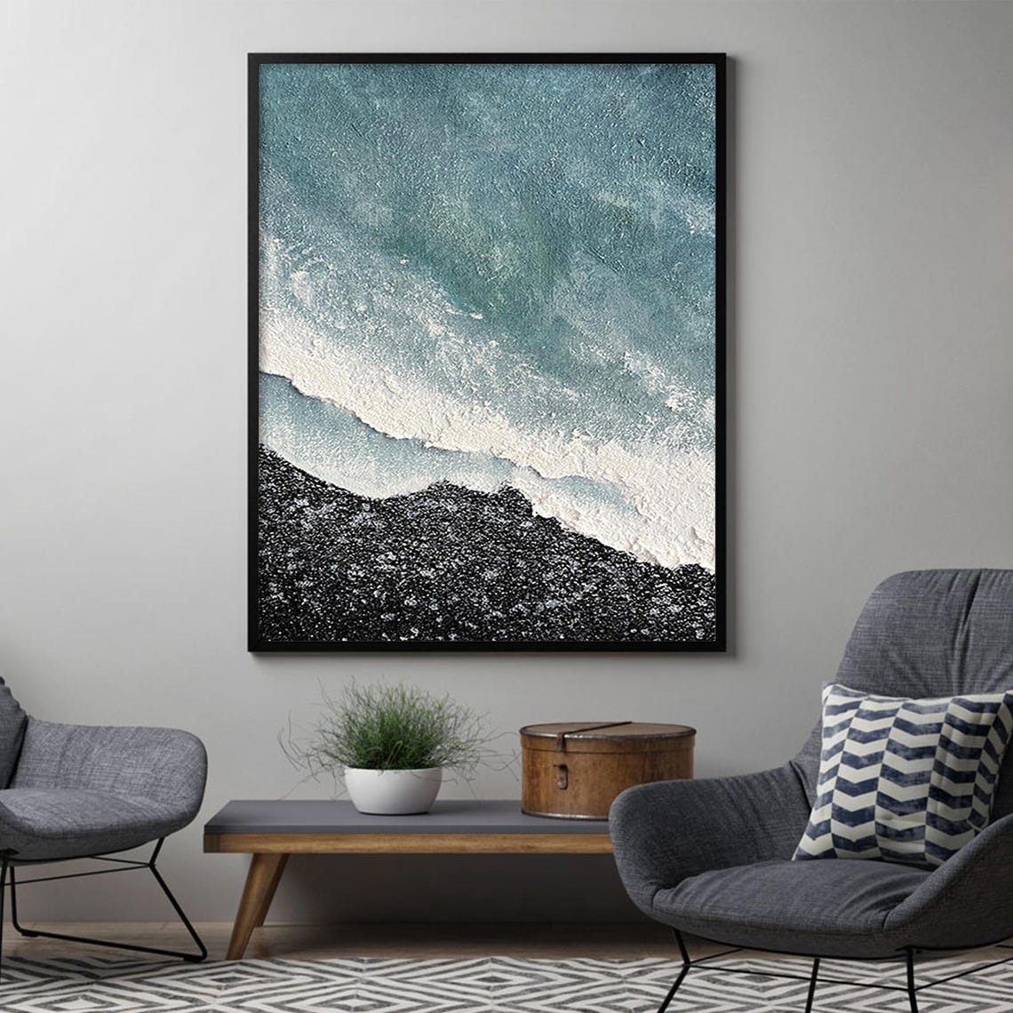Aerial Beach Foam Waves Breaking on Black Sand Teal Ocean Wall Art - Image 2