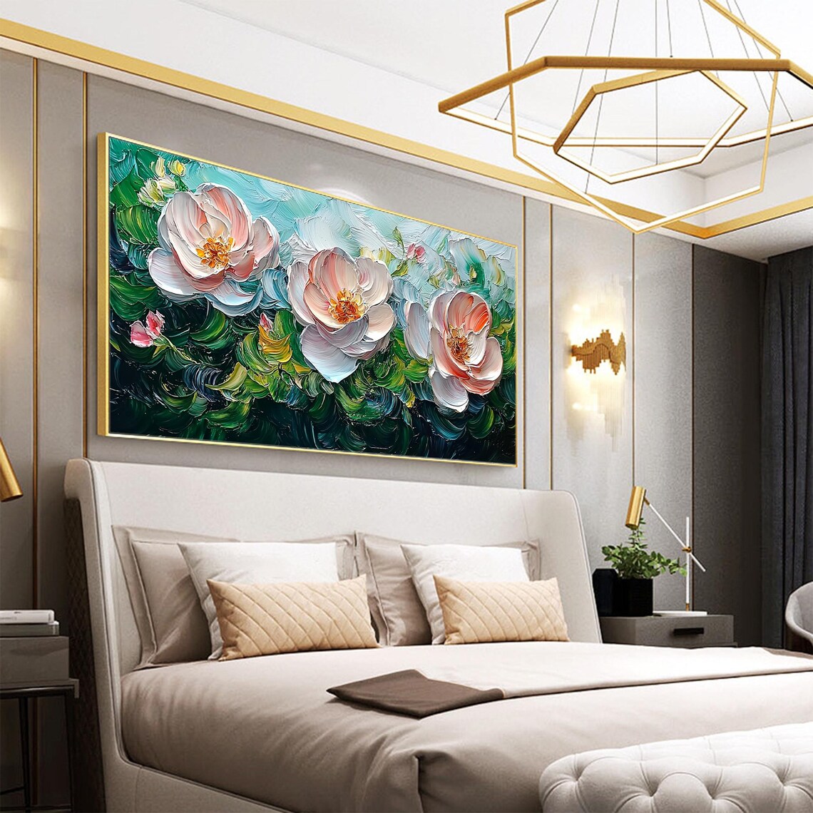 White Pink Peony Trio Blooming on Green Swirl Floral Wall Art - Image 4