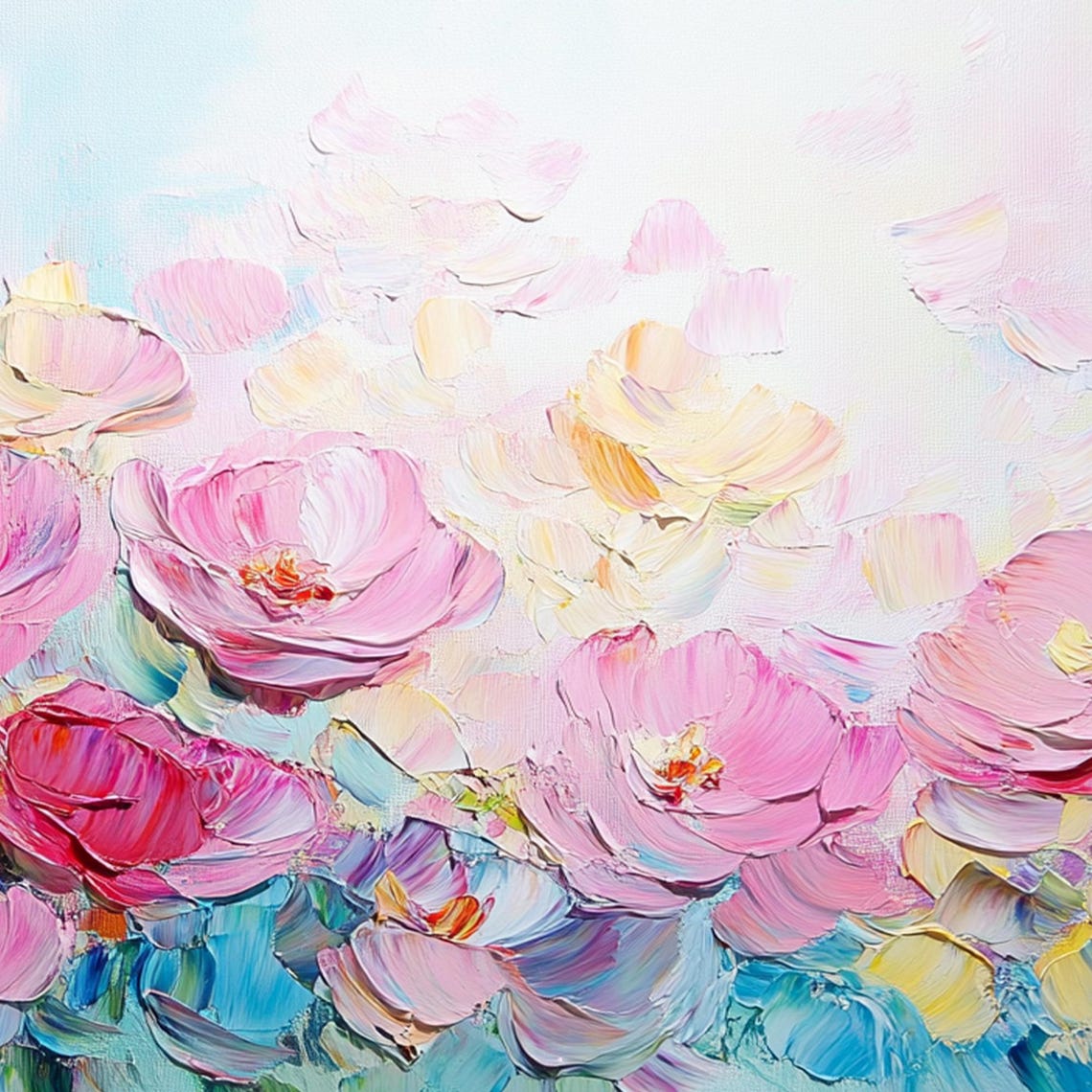 Pink Peony Blossoms Blooming on Turquoise Impasto Floral Wall Art - Image 3
