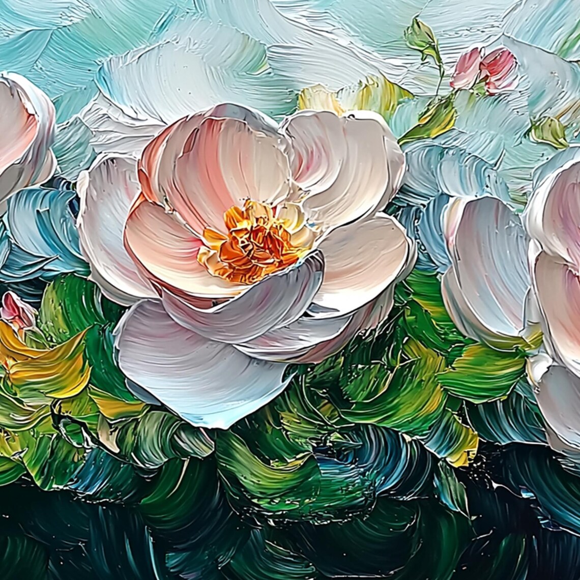 White Pink Peony Trio Blooming on Green Swirl Floral Wall Art - Image 3