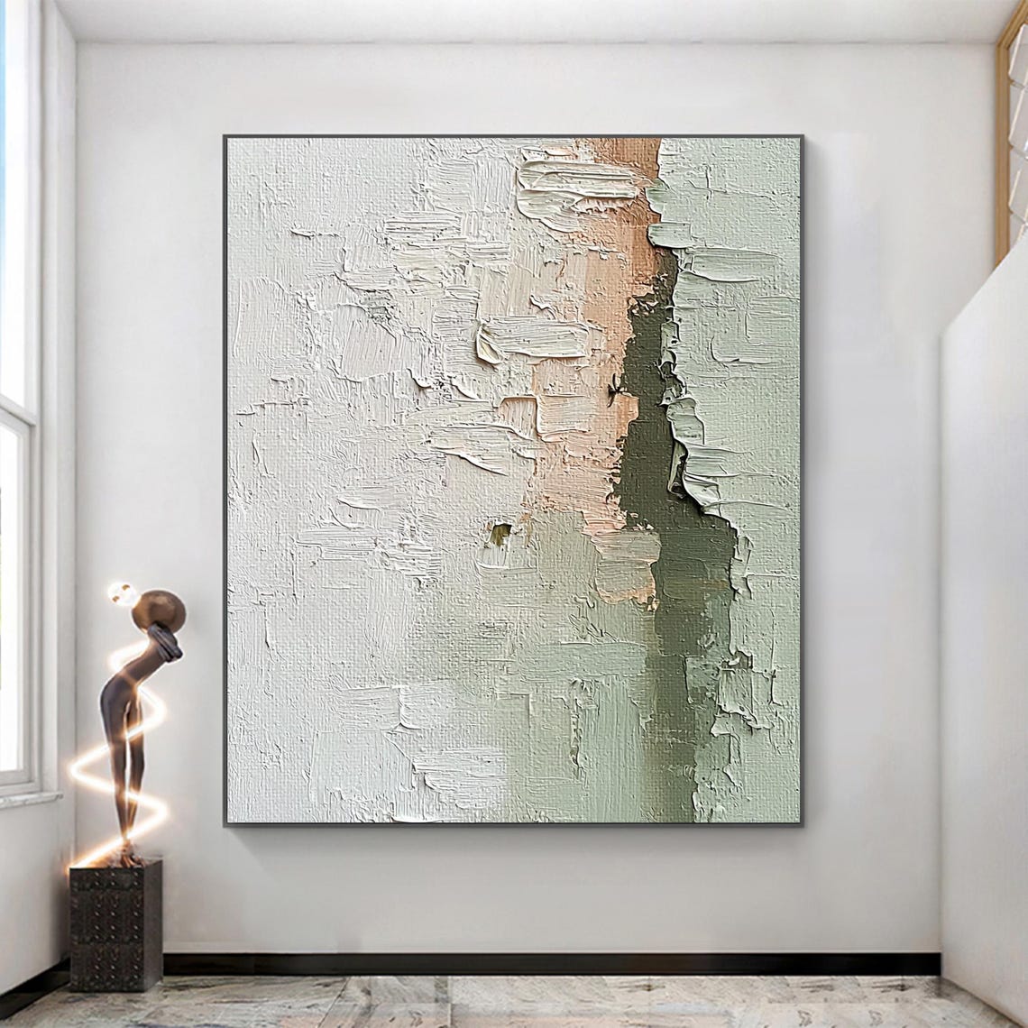 White Plaster Abstract with Beige Patch and Green Edge Wall Art