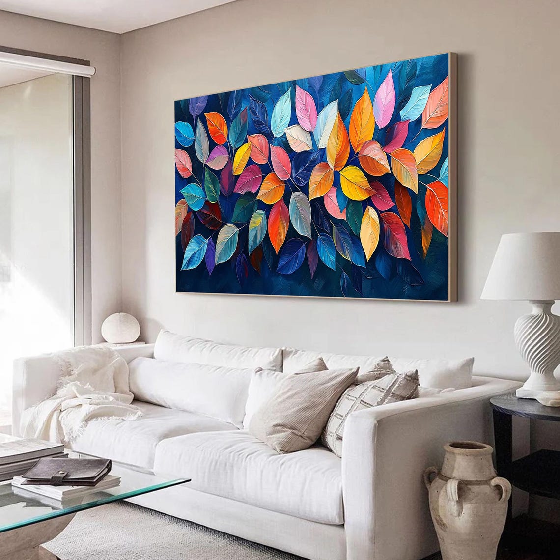 Colorful Autumn Leaves Scattered on Midnight Blue Botanical Wall Art - Image 3