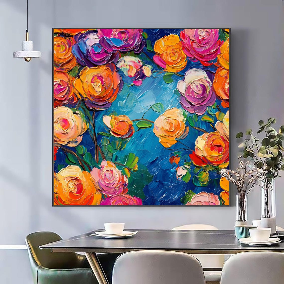 Colorful Sculpted Rose Blooms Bouquet on Deep Blue Floral Wall Art - Image 2